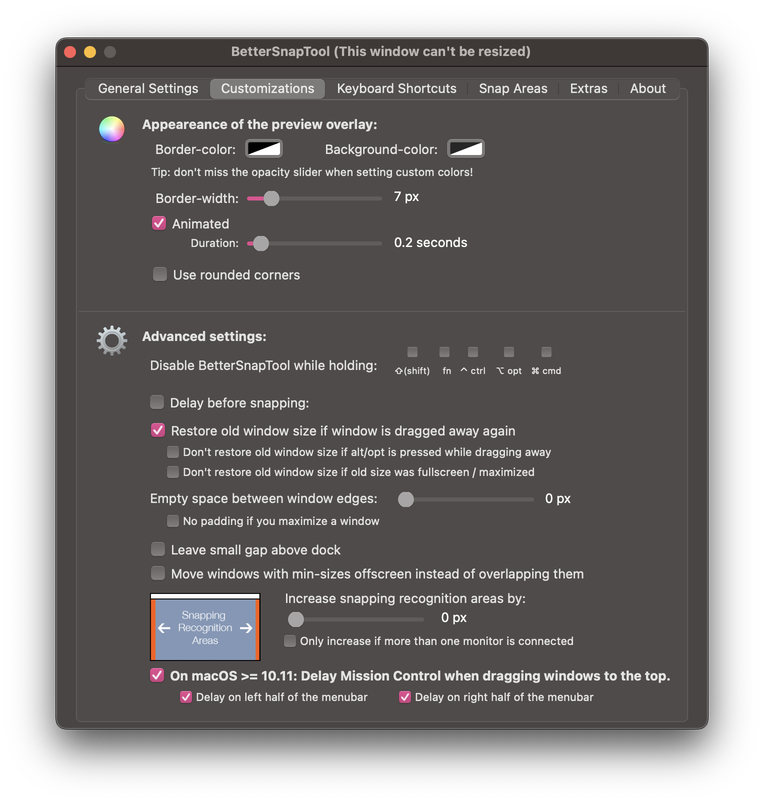 Screenshot of BetterSnapTool's options
